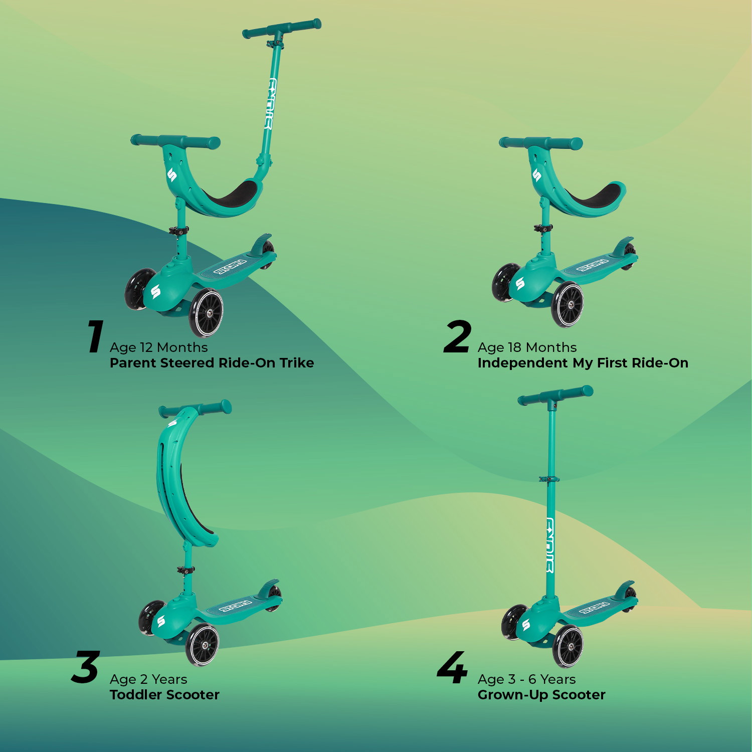 Story 4in1 LED Kinderroller mit 3 Rädern