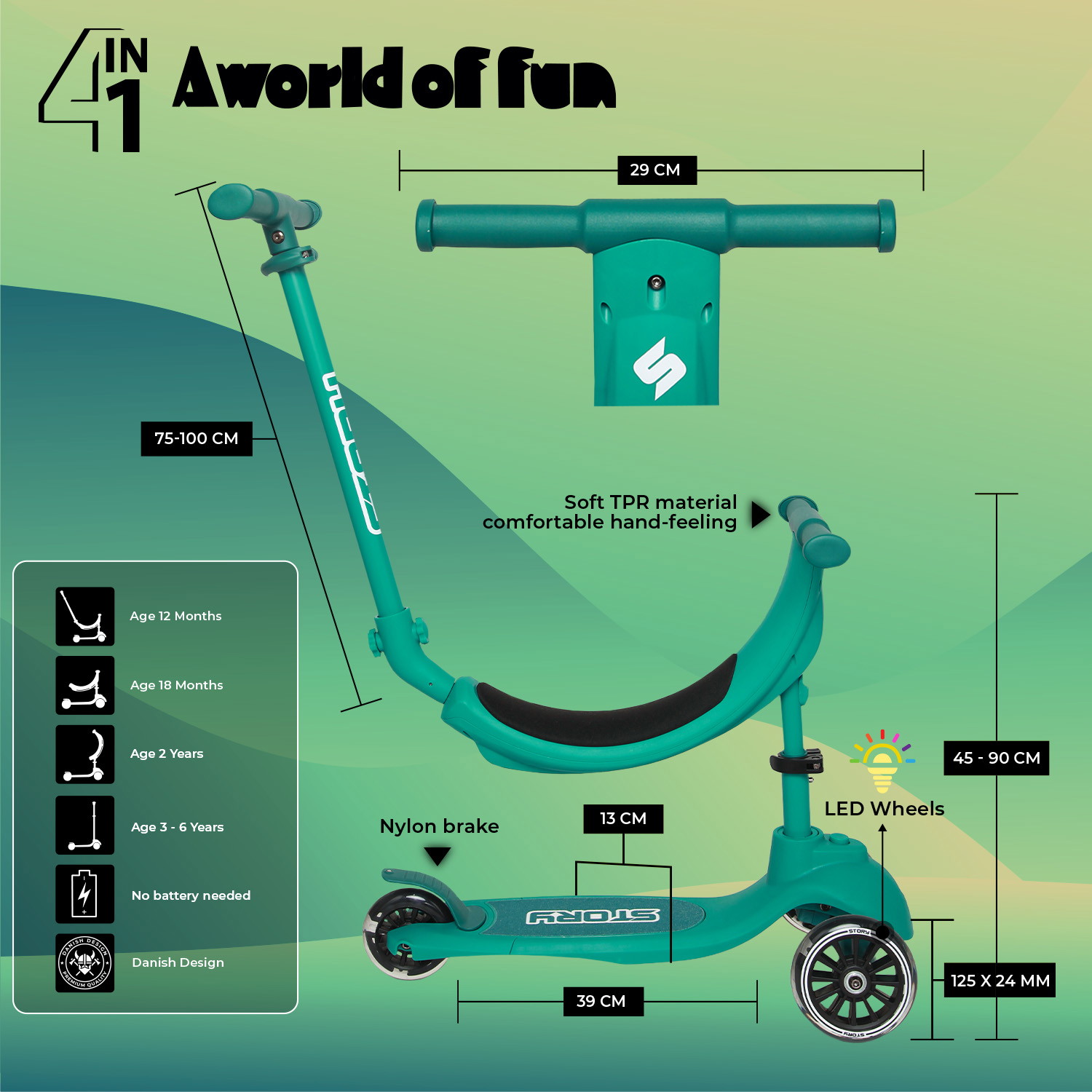 Story 4in1 LED Kinderroller mit 3 Rädern