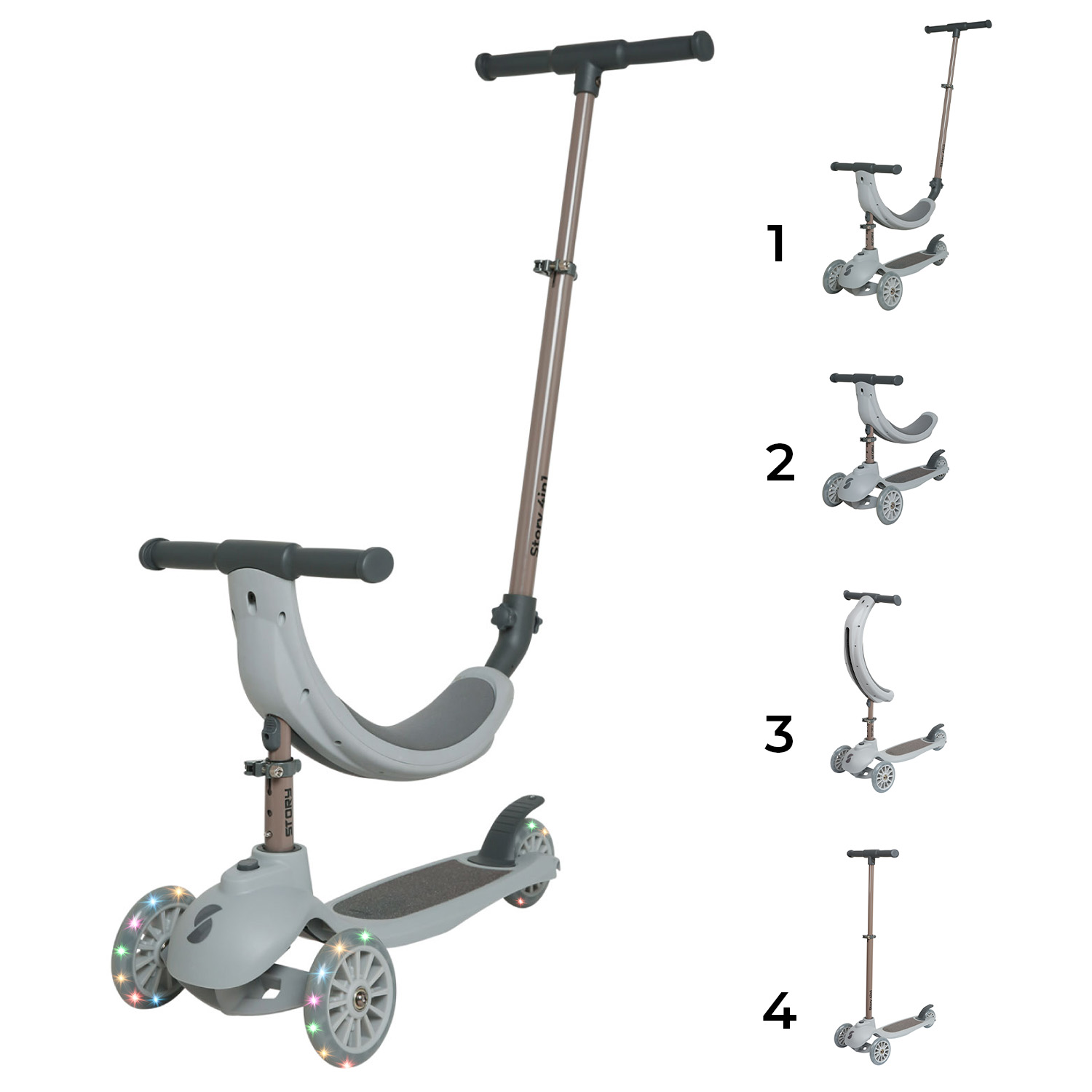 Story 4in1 LED Kinderroller mit 3 Rädern | Grau | 25-90 cm | EuroSkateShop