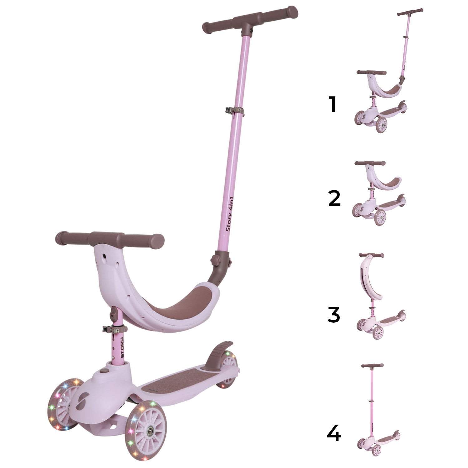Story 4in1 LED Kinderroller mit 3 Rädern | Rose | 25-90 cm | EuroSkateShop
