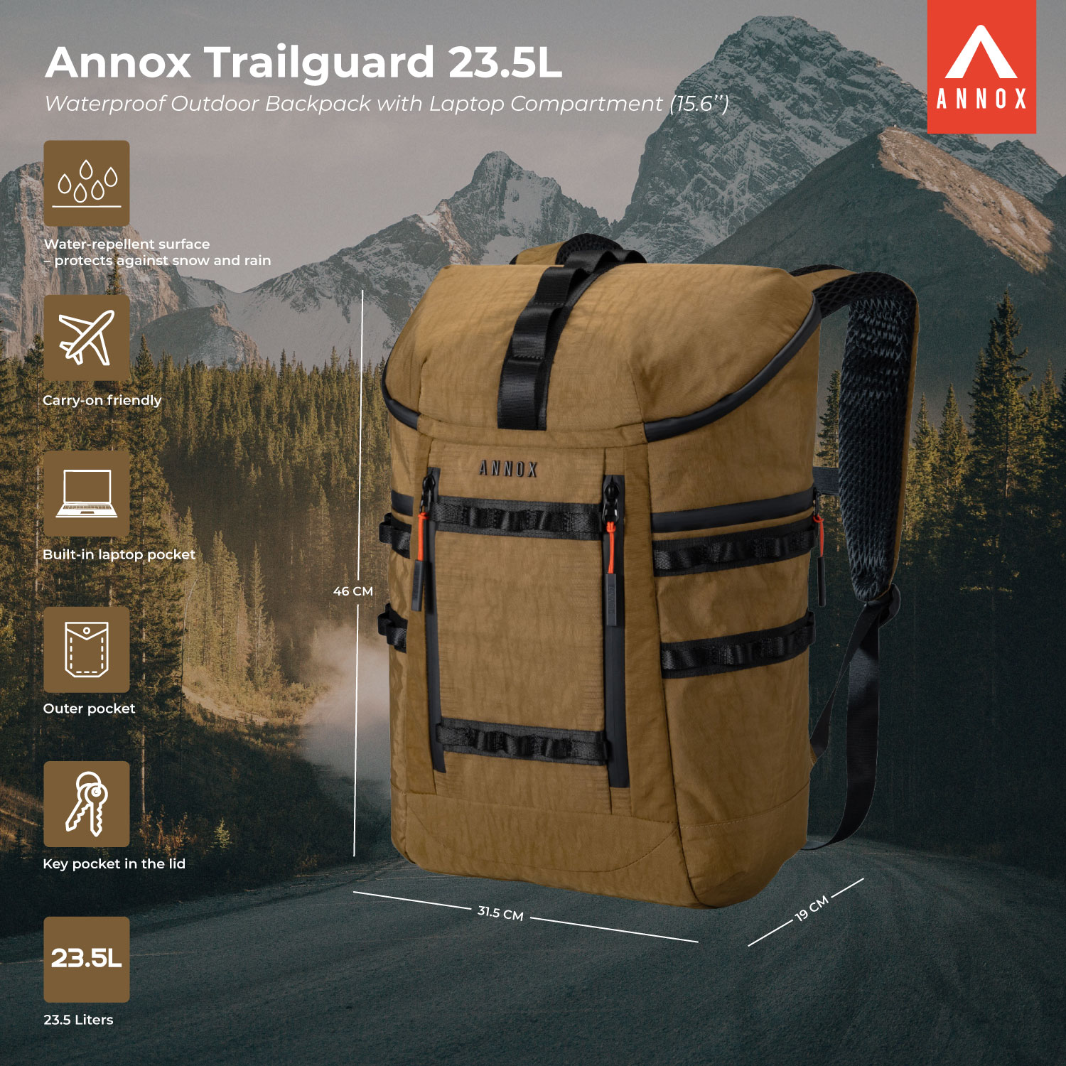 Annox Trailguard 23.5L – Wasserdichter Outdoor-Rucksack mit Laptopfach (15,6”)