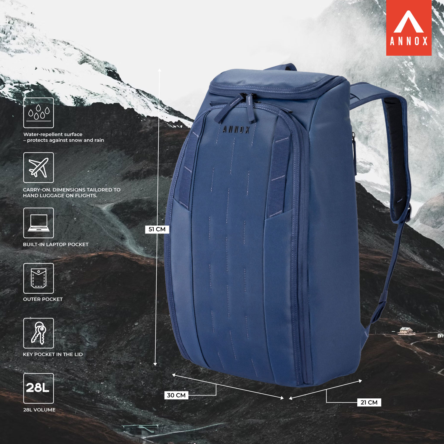 Annox Vault 28L - Wasserabweisender Rucksack für Skifahren, Sport und Reisen